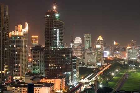 aerial view of Bangkok skylines in business area at Nightの写真素材