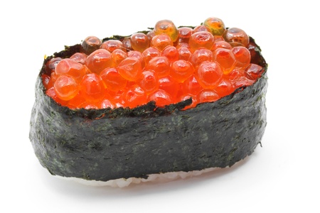 macro shot of ikura, salmon egg roll, gunkan on white backgroundの写真素材