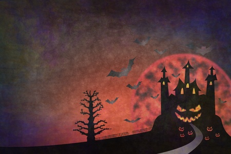 grunge style of pathway to horror castle halloween backgroundの写真素材