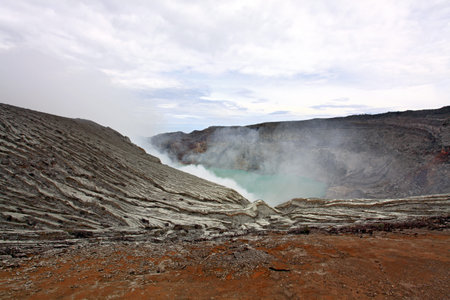 Crater of volcano Khava Ijen, Sulfur mine in Java Island Indonesia.