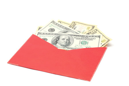Money Dollar Cash Banknote in Red Envelope on White Background using for Chinese New Year...
