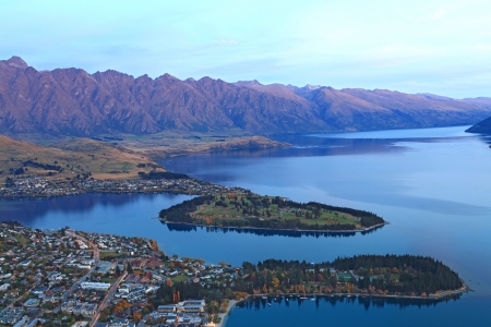 closeup of queenstown with lake Wakatipu from top at dusk.の写真素材