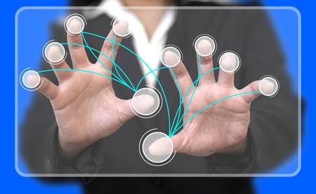 Business Hand Touch on Virtual Touchscreen Interface with Blank Button Connection (Selective focus on finger)の写真素材