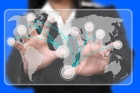 Business Hand Touch on Virtual Touchscreen Interface with Blank Button Connection (Selective focus...