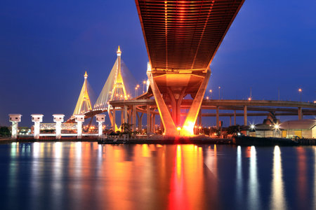 Mega Bhumibol Industrial Ring Bridge at dusk in Thailand. The bridge located at Bangkok harbor.