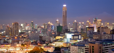 Panorama Aerial View of Bangkok Skylines at Victory Monument Downtown Cityscape at Duskの写真素材