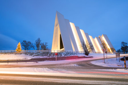 Arctic Cathedral Church in Tromso Norway at dusk twilightの写真素材