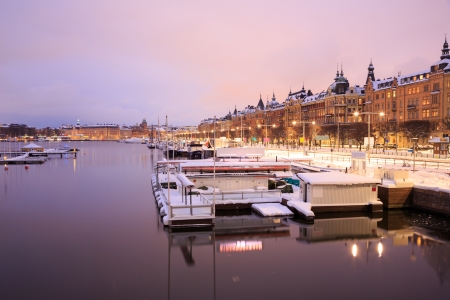Stockholm Skyline Cityscape along river at duskの写真素材