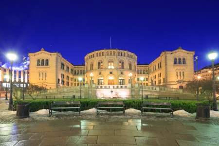 Oslo Stortinget Parliament at dusk Norwayの写真素材
