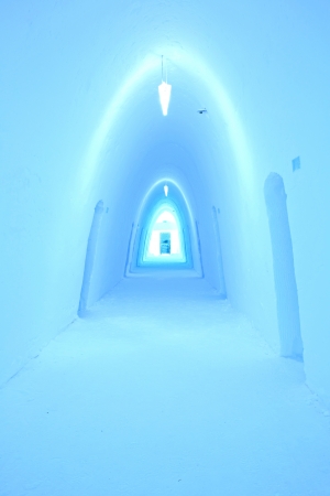 Colorfully illuminated corridor in an ice hotelのeditorial素材
