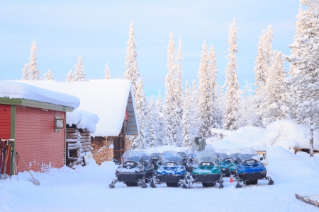 Snowmobile parking on snow in Kiruna Swedenのeditorial素材