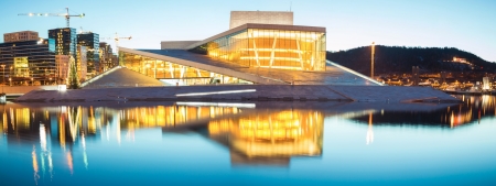 Panorama of Oslo Opera House shine at dusk, morning twilight,  Norwayのeditorial素材
