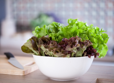 Preparing of Green Salad in domestic kitchenの写真素材