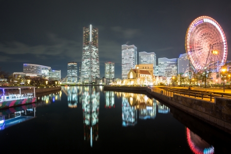 Yokohama Skyline building and skyscraper in downtown at night, Japan.のeditorial素材