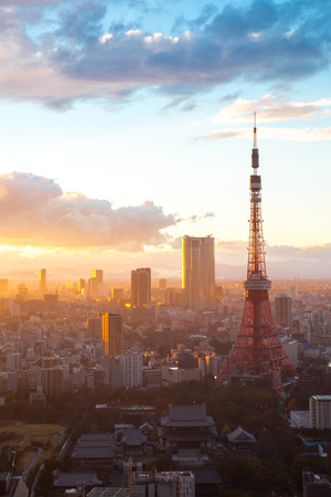 Aerial view Tokyo Tower cityscape sunset at dusk Japanのeditorial素材