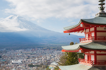 Red Shureito pagoda with Mountain Fuji landscape and Yamanashi city as the backgroundのeditorial素材