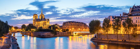 Notre Dame Cathedral with Paris cityscape  panorama at dusk, Franceの写真素材