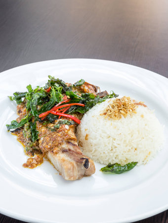 grilled pork chop Basil with riceの写真素材