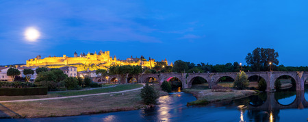 Panorama of Carcassonne Ancient Town and castle at dusk in Franceのeditorial素材