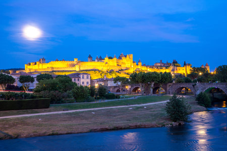 Carcassonne Ancient Town and castle at dusk in Franceのeditorial素材