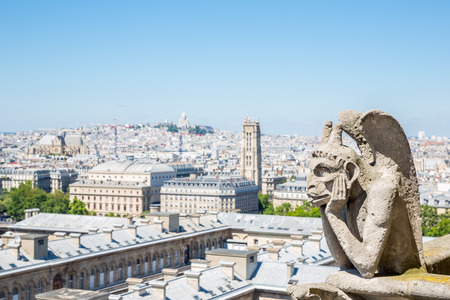 Gargoyle Stryge and demon at Notre Dame of Paris overlooking the skyline at a summer day (Selectice focus at Gargoyle)の写真素材
