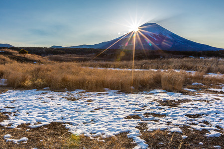 Mountain Fuji Diamond sunrise in winterの写真素材