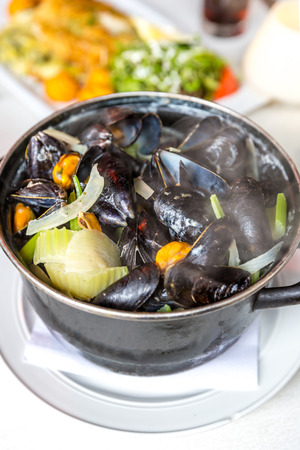 gourmet Steamed mussels with fresh herbs for a tasty seafood mealの写真素材