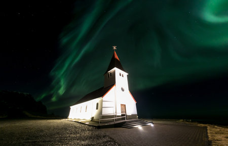 The Northern Light Aurora borealis at Vik Church Icelandの写真素材