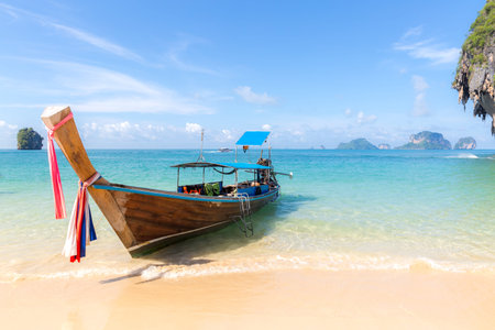 Tropical beach, traditional long tail boats, Andaman Sea, Thailand