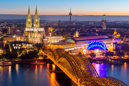 Aerial Cologne Cathedral and Hohenzollern Bridge, Cologne, Germanyの写真素材