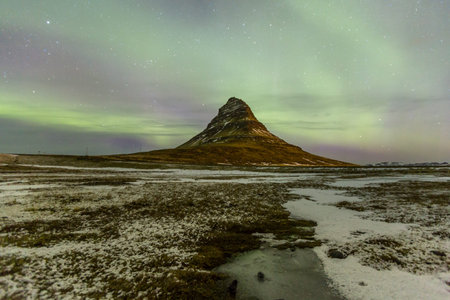 The Northern Light Aurora borealis at Kirkjufell Icelandの写真素材