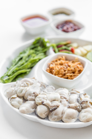 Fresh Oyster serve with assorted vegetable on white backgroundの写真素材