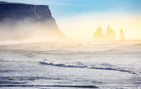 Iceland Reynisdrangar cliffs on Black sand beach in Vikの写真素材
