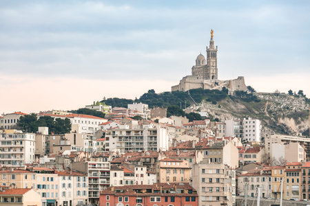 Marseille, France sunset. The famous european harbour view on the Notre Dame de la Gardeの写真素材