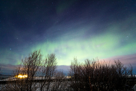 The Northern Light Aurora borealis around Lake Myvatn, Reykjahlid Icelandの写真素材