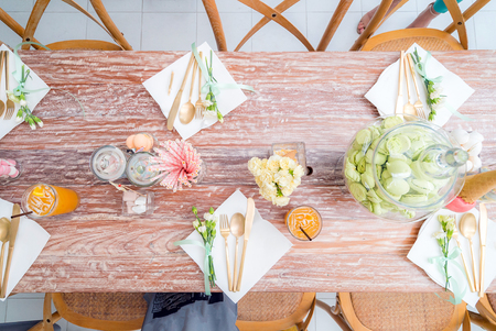 dinner dining table top view prepare for partyの写真素材