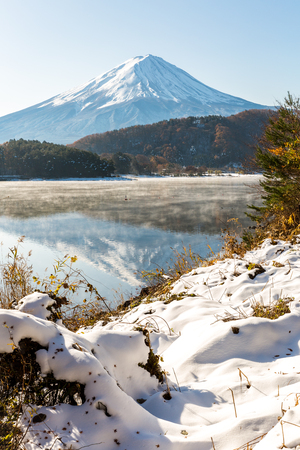 Mt. Fuji wit snow in late autumn at Kawaguchiko or lake Kawaguchi in Fujikawaguchiko Japanの写真素材