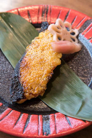 grilled salmon with miso foie gras sauceの写真素材