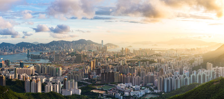 Hong Kong Skyline Kowloon from Fei Ngo Shan hill or Kowloon Viewing Point sunset panoramaのeditorial素材