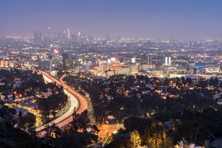 Aerial Los Angeles Cityscape Sunset, LA California, USA