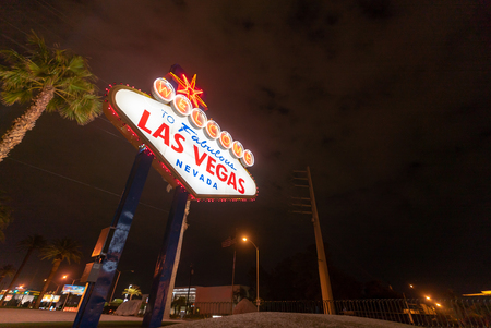 Famous Las Vegas sign at night in Las Vegas city, Nevada, USAのeditorial素材