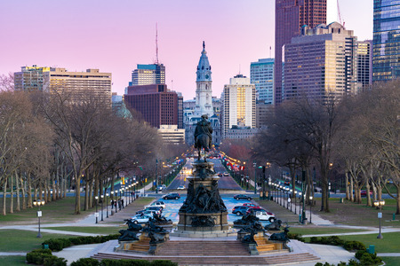 Philladelphia City Hall Clock Tower in Philladelphia, Pennsylvania, USA. Sunsetの写真素材