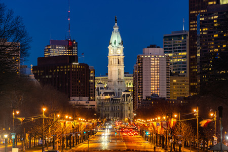 Philladelphia City Hall Clock Tower in Philladelphia, Pennsylvania, USA. Sunsetの写真素材