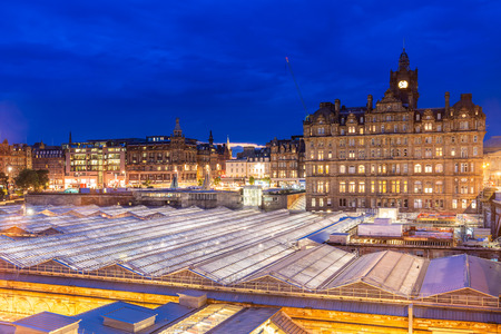 Edinburgh Cityscape at sunset dusk, Edinburgh, Scotland UKの写真素材