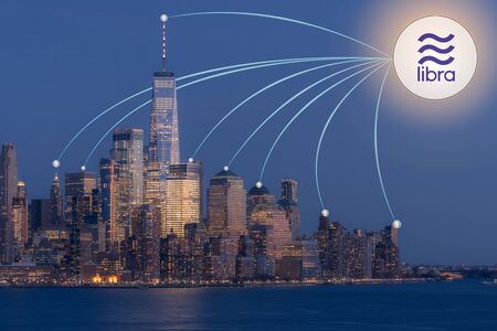 Libra concept, Libra coin cryptocurrency and block chain, new digital currency in New York Manhattan USAの写真素材