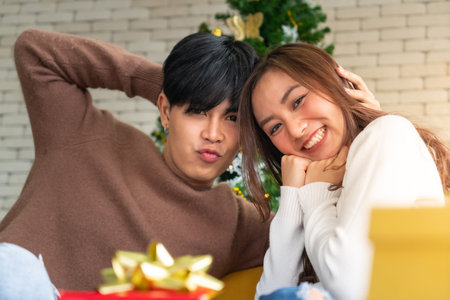 Portrait of couple celebraing Christmas festival holiday in living room with Christmas decoration...