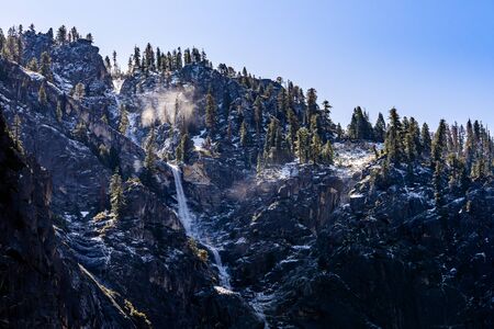 Bridalveil Falls waterfall in Yosemite National Park San Francisco in North California United States. USA National park landmark and famous tourist spot for travel destination and adventure concept.の写真素材