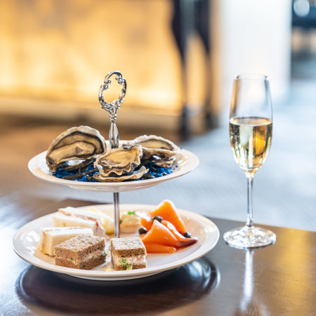 Welcome cocktail Canapes dish, Fresh Oyster and smoked salmon seafood dish with sparkling champagne....