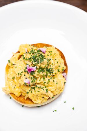 Scramble Egg with Truffle mushroom oil, international gourmet cuisine traditional breakfast of europe. Restaurant gastronomy food and drink consumerism concept.の写真素材