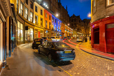 Victoria Street Edinburgh old town Cityscape at sunset dusk, Edinburgh, Scotland UKのeditorial素材